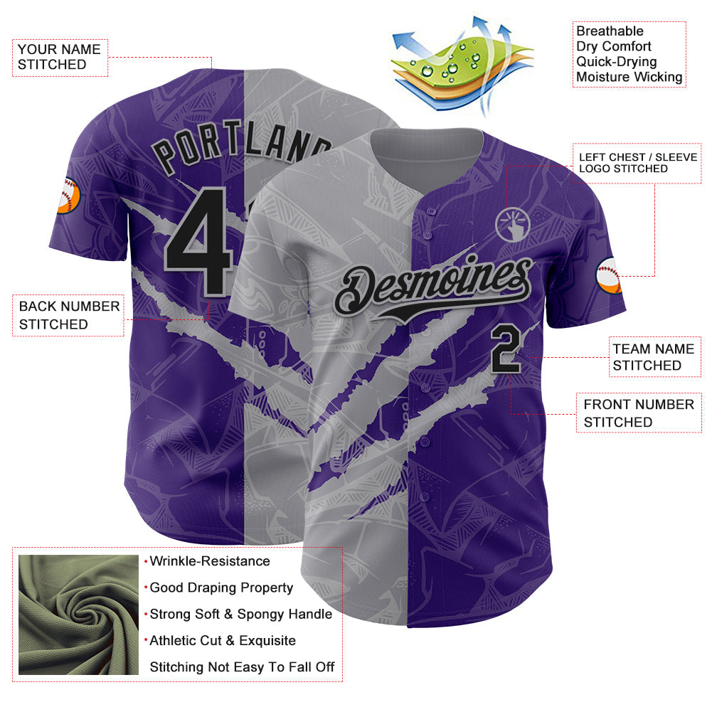 Custom Graffiti Pattern Black Purple-Gray 3D Scratch Authentic Baseball Jersey view 3