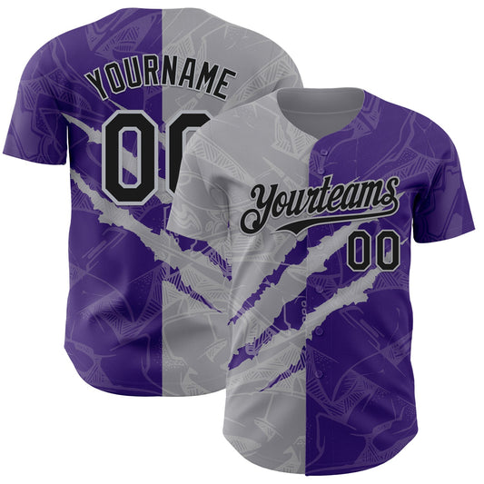Custom Graffiti Pattern Black Purple-Gray 3D Scratch Authentic Baseball Jersey - Main View