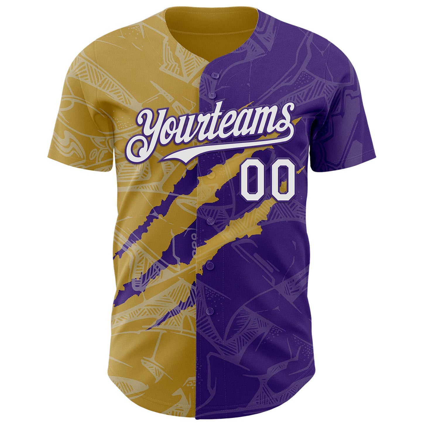 Custom Graffiti Pattern White Purple-Old Gold 3D Scratch Authentic Baseball Jersey view 2