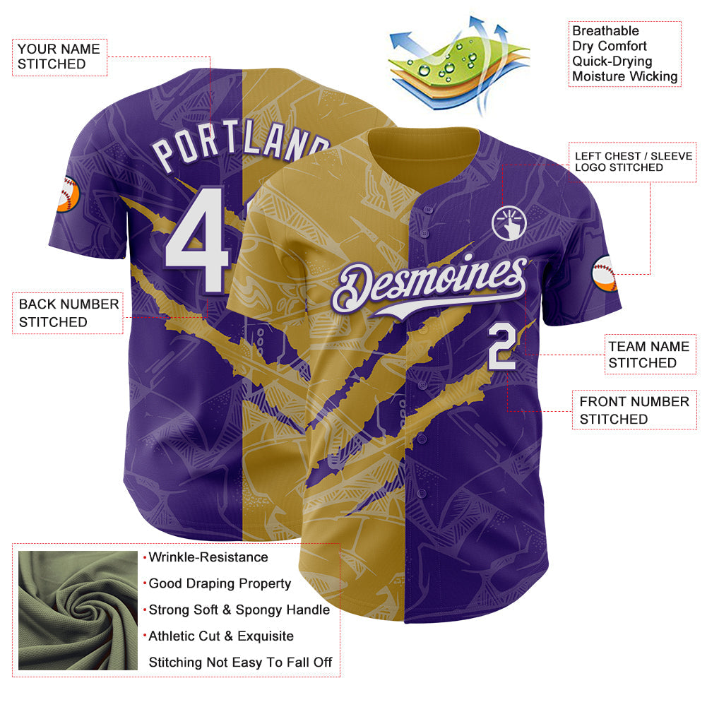 Custom Graffiti Pattern White Purple-Old Gold 3D Scratch Authentic Baseball Jersey view 3