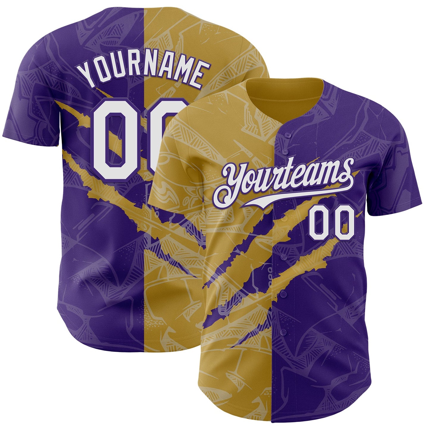 Custom Graffiti Pattern White Purple-Old Gold 3D Scratch Authentic Baseball Jersey - Main View