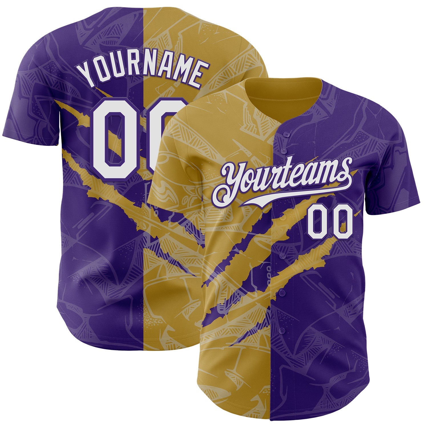 Custom Graffiti Pattern White Purple-Old Gold 3D Scratch Authentic Baseball Jersey - Main View