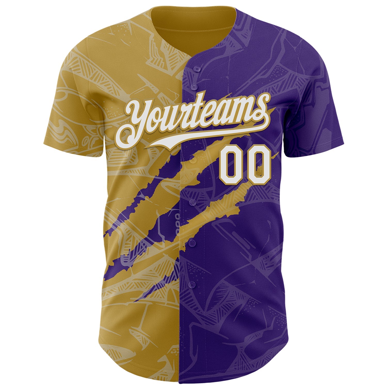 Custom Graffiti Pattern White Purple-Old Gold 3D Scratch Authentic Baseball Jersey view 2