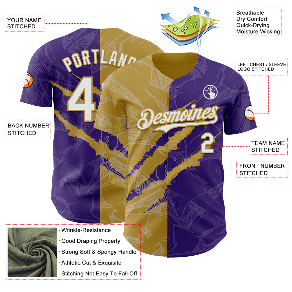 Custom Graffiti Pattern White Purple-Old Gold 3D Scratch Authentic Baseball Jersey view 3