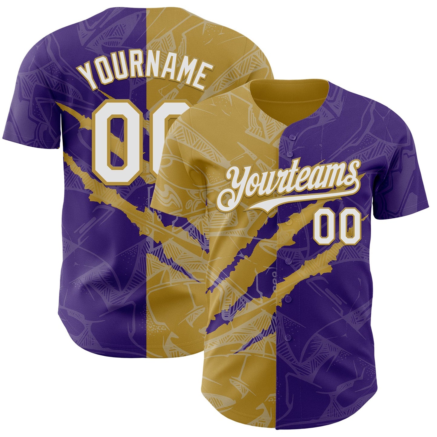 Custom Graffiti Pattern White Purple-Old Gold 3D Scratch Authentic Baseball Jersey - Main View