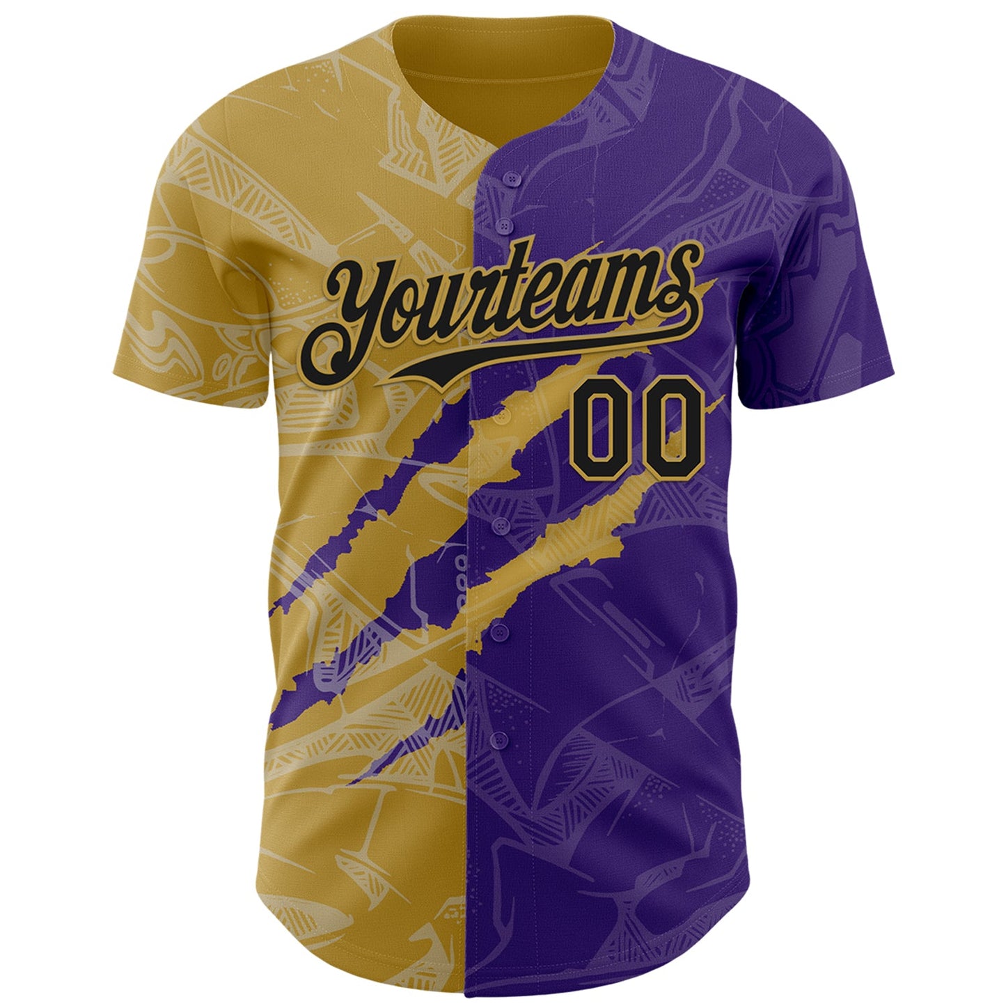 Custom Graffiti Pattern Black Purple-Old Gold 3D Scratch Authentic Baseball Jersey view 2