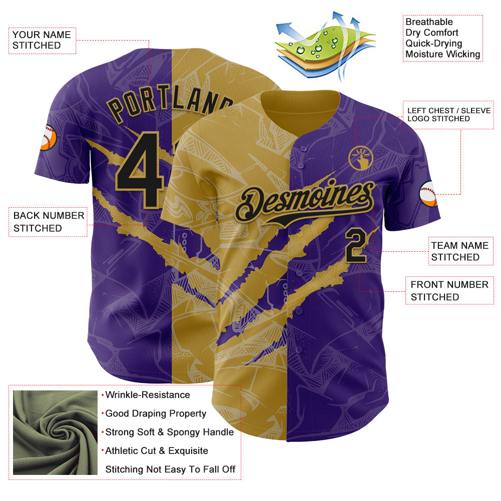 Custom Graffiti Pattern Black Purple-Old Gold 3D Scratch Authentic Baseball Jersey view 3