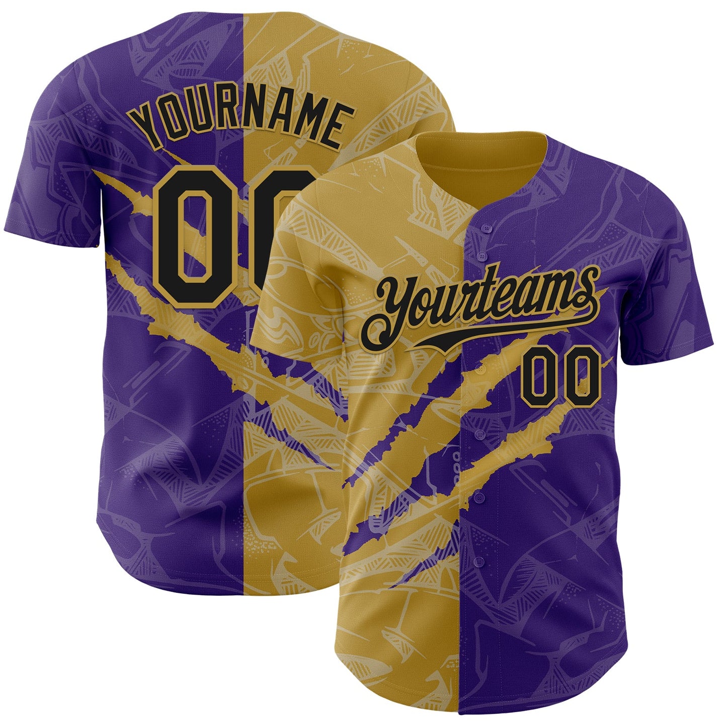 Custom Graffiti Pattern Black Purple-Old Gold 3D Scratch Authentic Baseball Jersey - Main View