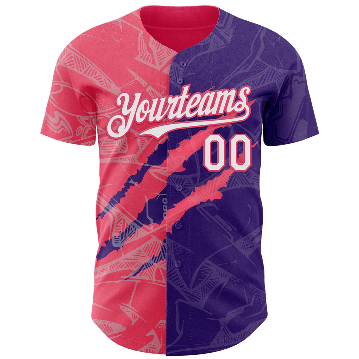 Custom Graffiti Pattern White Purple-Neon Pink 3D Scratch Authentic Baseball Jersey view 2