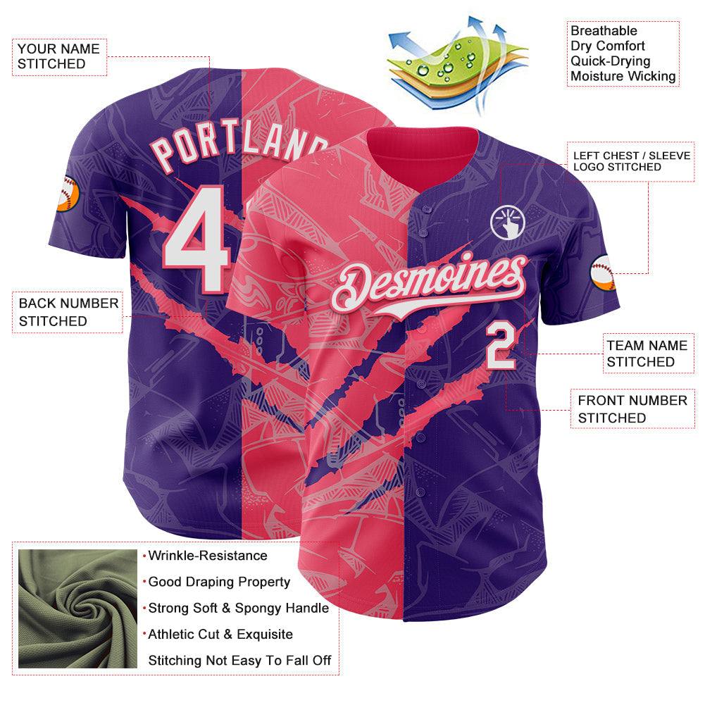 Custom Graffiti Pattern White Purple-Neon Pink 3D Scratch Authentic Baseball Jersey view 3