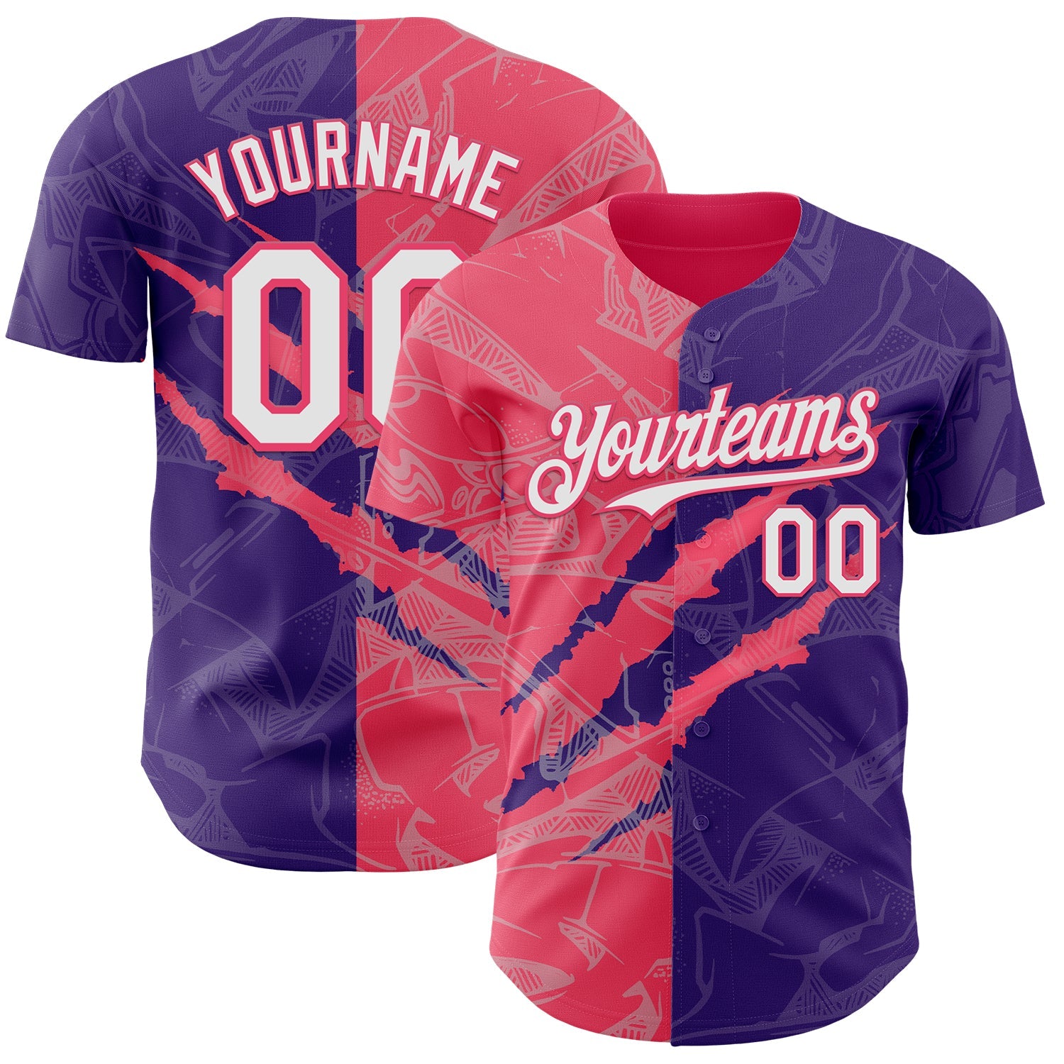 Custom Graffiti Pattern White Purple-Neon Pink 3D Scratch Authentic Baseball Jersey - Main View