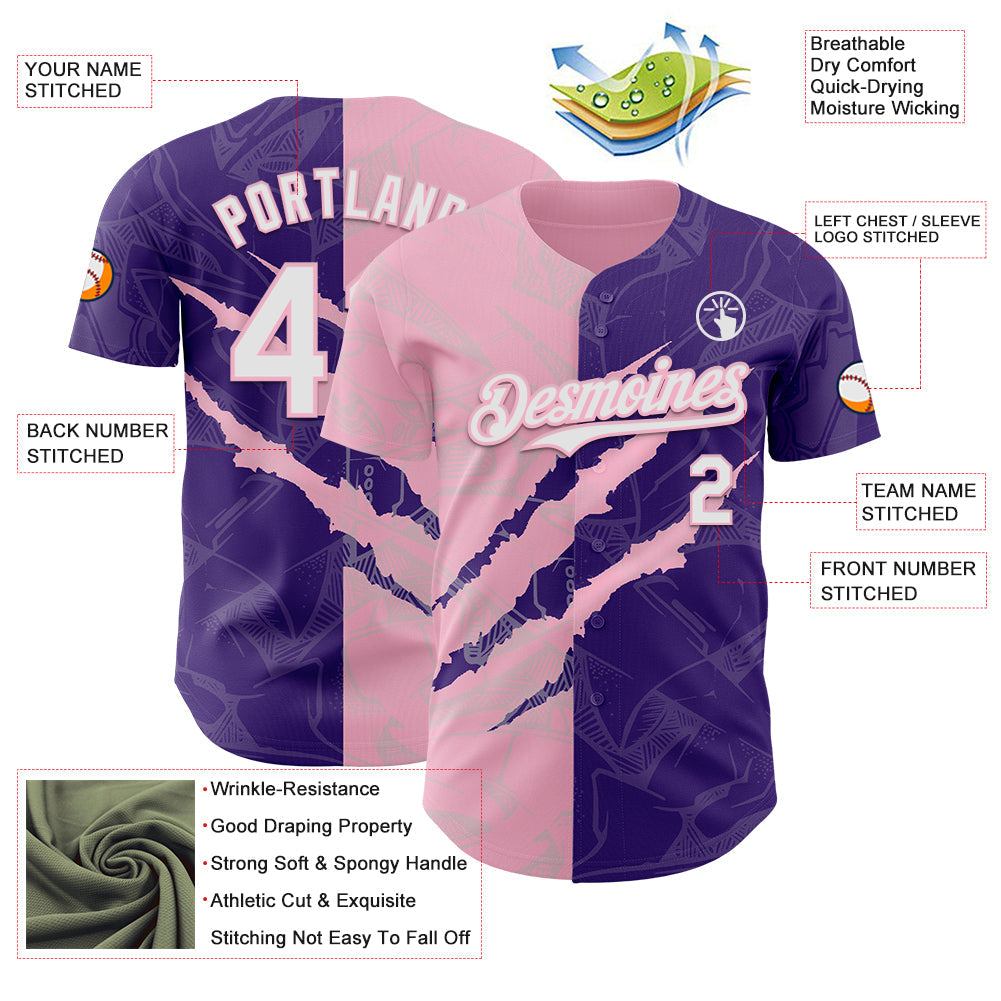 Custom Graffiti Pattern White Purple-Light Pink 3D Scratch Authentic Baseball Jersey view 3
