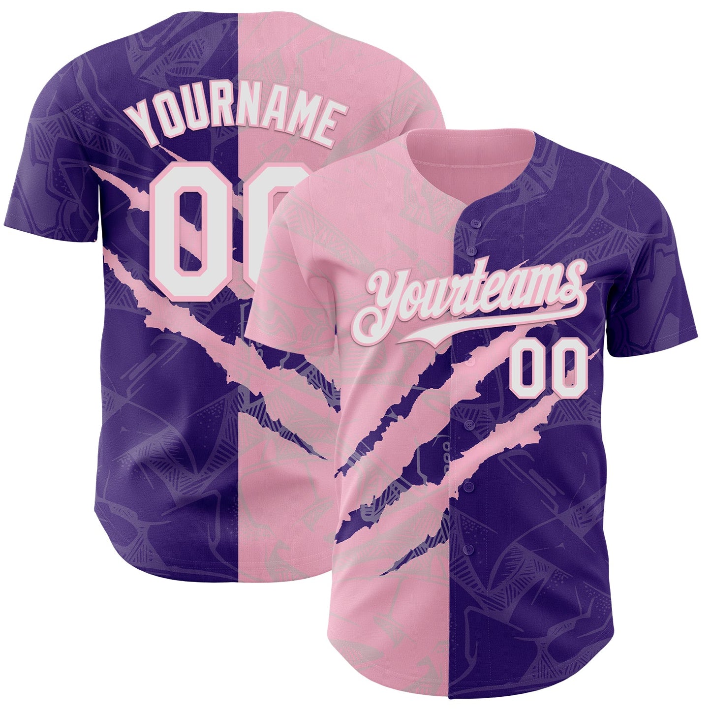 Custom Graffiti Pattern White Purple-Light Pink 3D Scratch Authentic Baseball Jersey - Main View