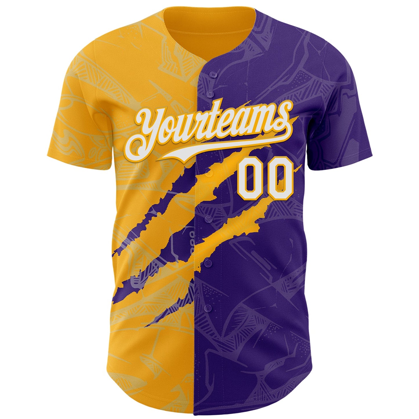 Custom Graffiti Pattern White Purple-Gold 3D Scratch Authentic Baseball Jersey view 2