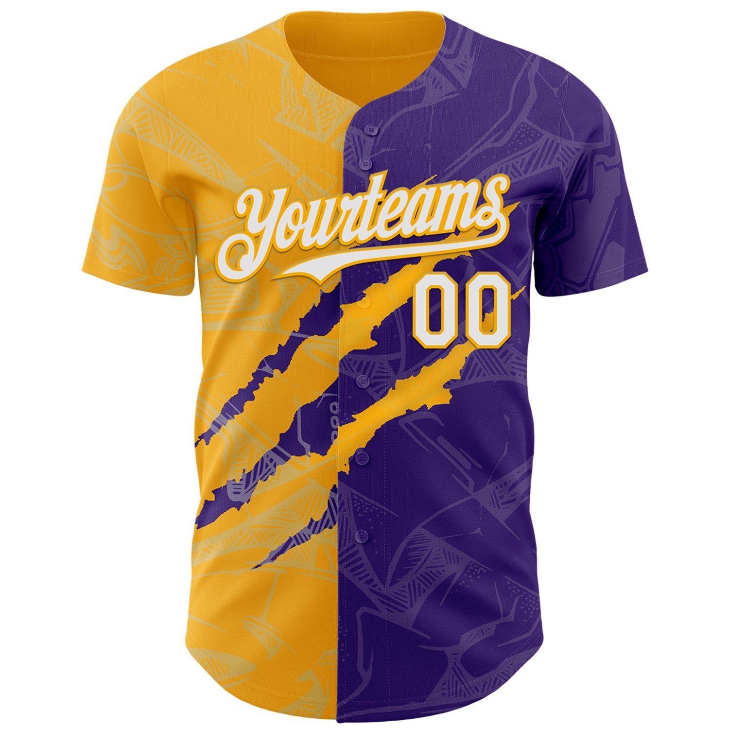 Custom Graffiti Pattern White Purple-Gold 3D Scratch Authentic Baseball Jersey view 2