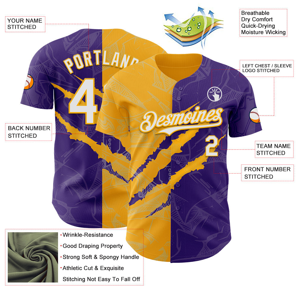 Custom Graffiti Pattern White Purple-Gold 3D Scratch Authentic Baseball Jersey view 3
