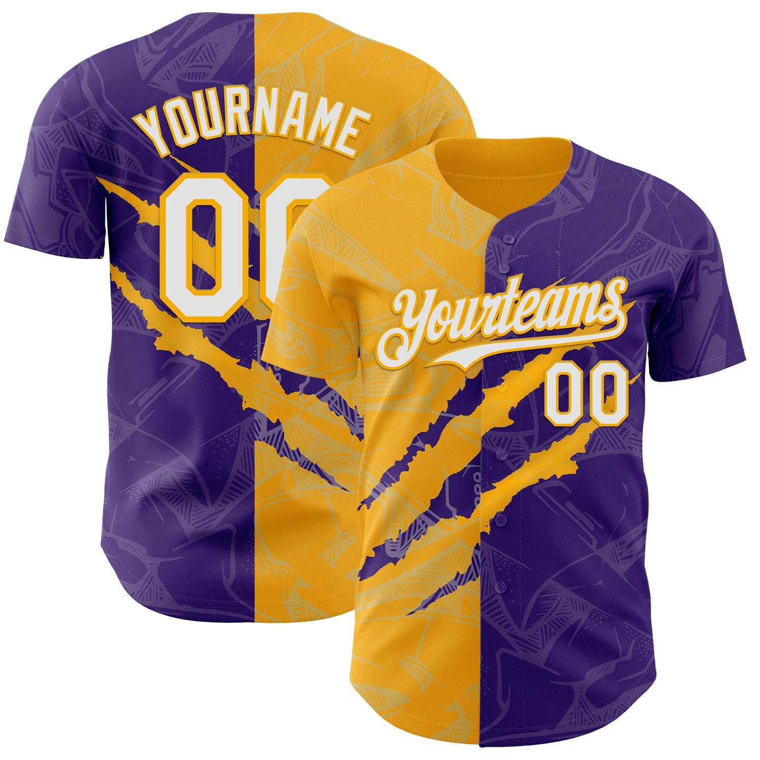 Custom Graffiti Pattern White Purple-Gold 3D Scratch Authentic Baseball Jersey - Main View