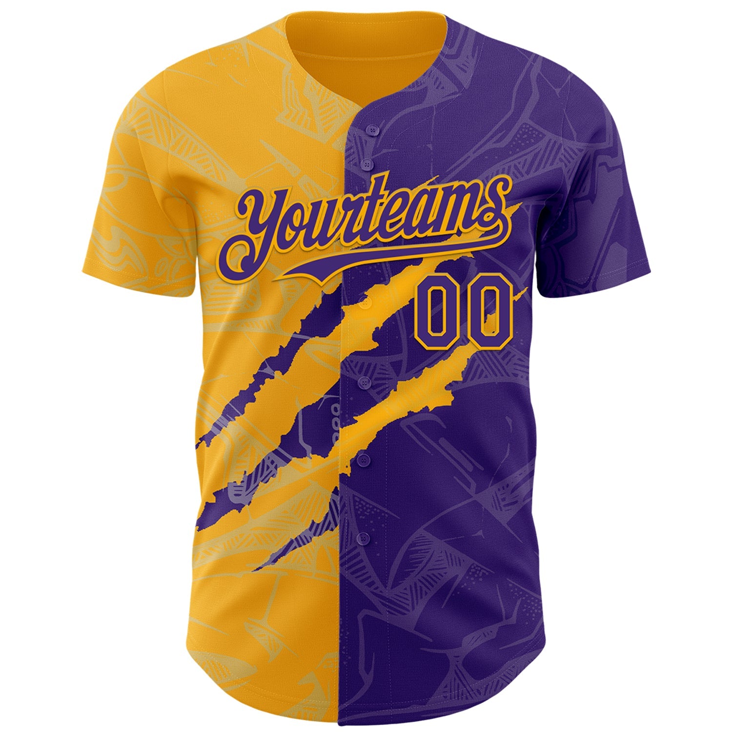 Custom Graffiti Pattern Purple-Gold 3D Scratch Authentic Baseball Jersey view 2