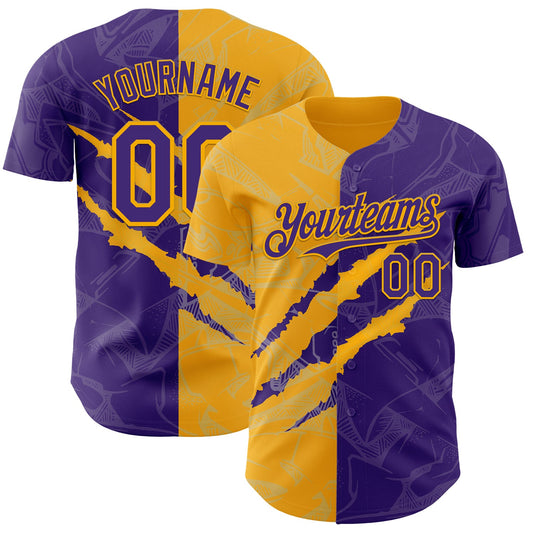 Custom Graffiti Pattern Purple-Gold 3D Scratch Authentic Baseball Jersey - Main View