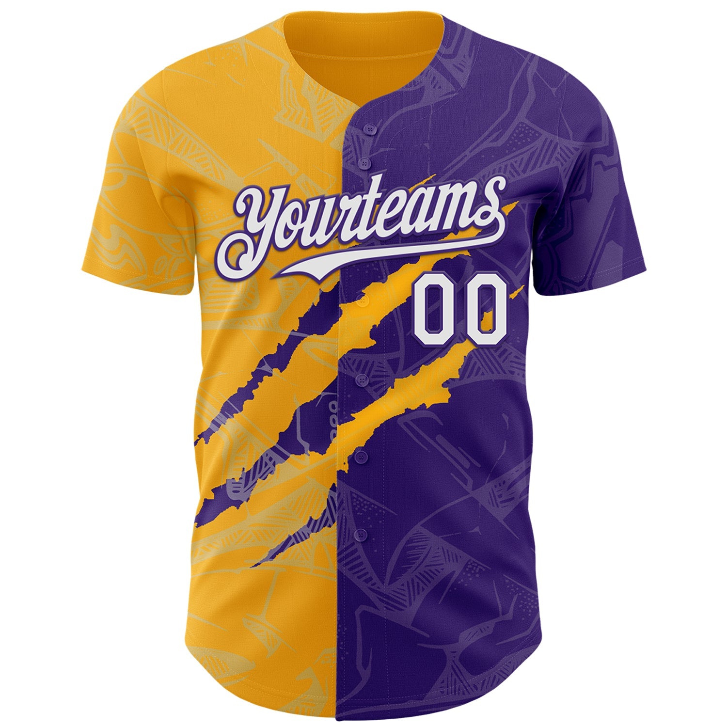 Custom Graffiti Pattern White Purple-Gold 3D Scratch Authentic Baseball Jersey view 2
