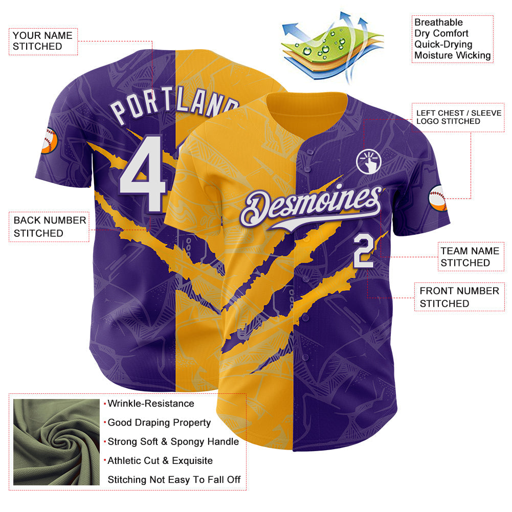 Custom Graffiti Pattern White Purple-Gold 3D Scratch Authentic Baseball Jersey view 3