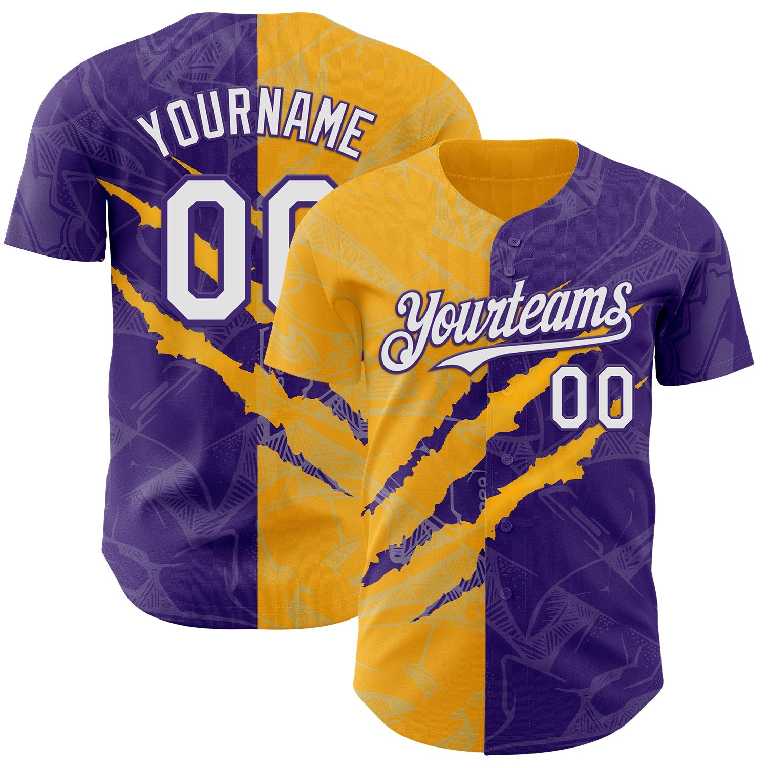 Custom Graffiti Pattern White Purple-Gold 3D Scratch Authentic Baseball Jersey - Main View
