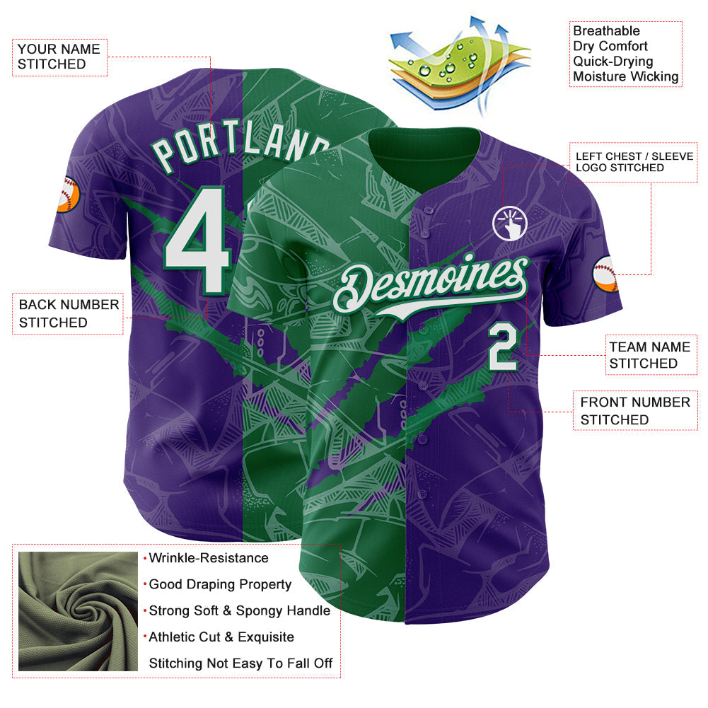 Custom Graffiti Pattern White Purple-Kelly Green 3D Scratch Authentic Baseball Jersey view 3