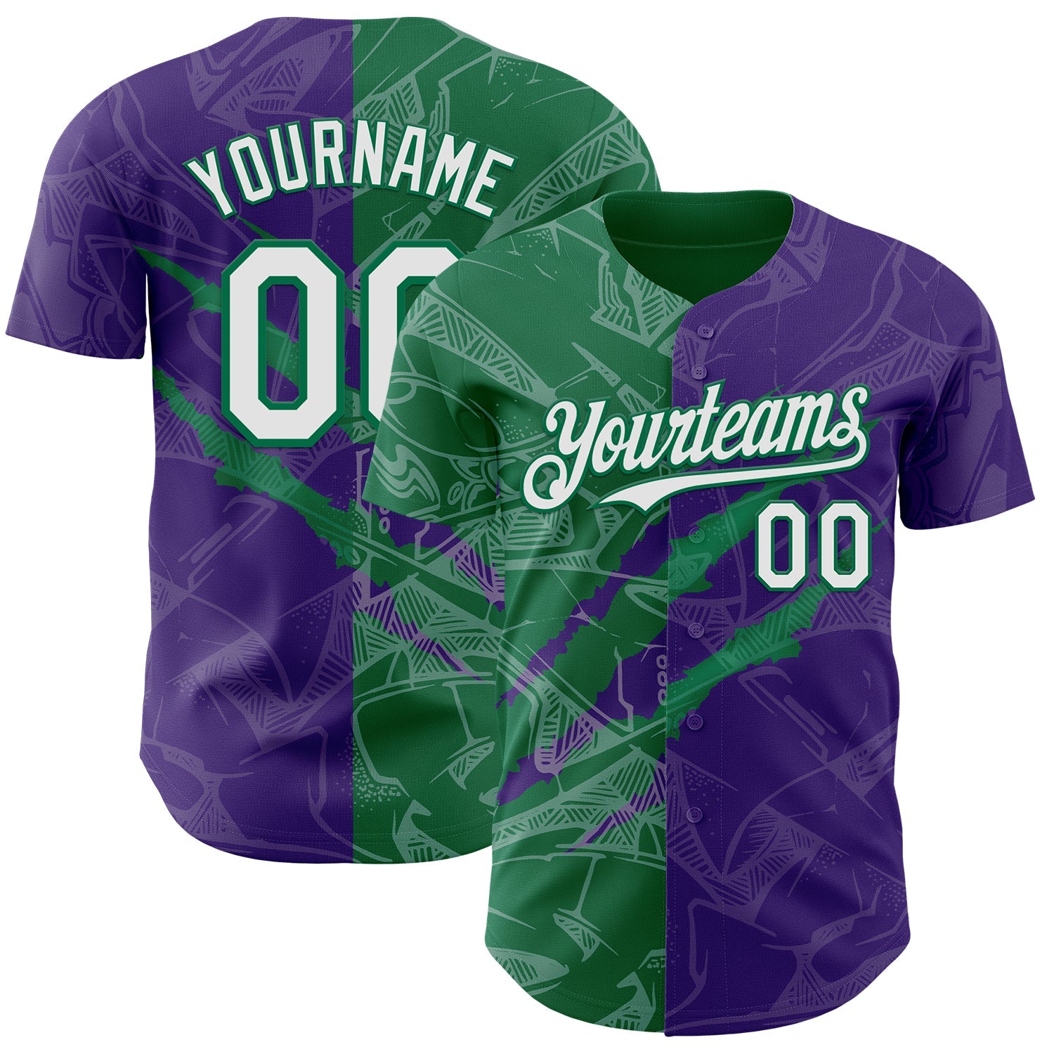 Custom Graffiti Pattern White Purple-Kelly Green 3D Scratch Authentic Baseball Jersey - Main View