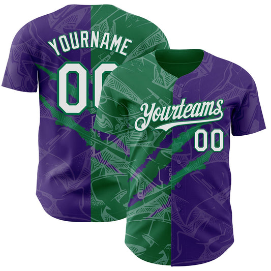 Custom Graffiti Pattern White Purple-Kelly Green 3D Scratch Authentic Baseball Jersey - Main View