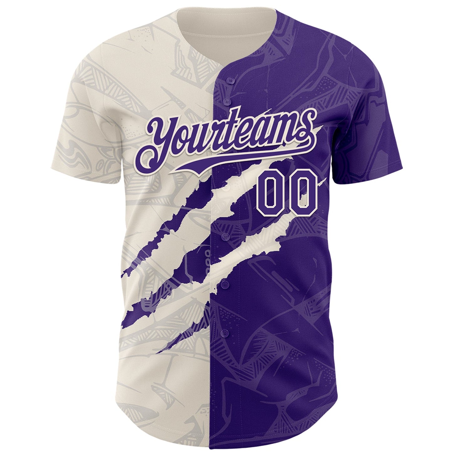 Custom Graffiti Pattern Purple-Cream 3D Scratch Authentic Baseball Jersey view 2