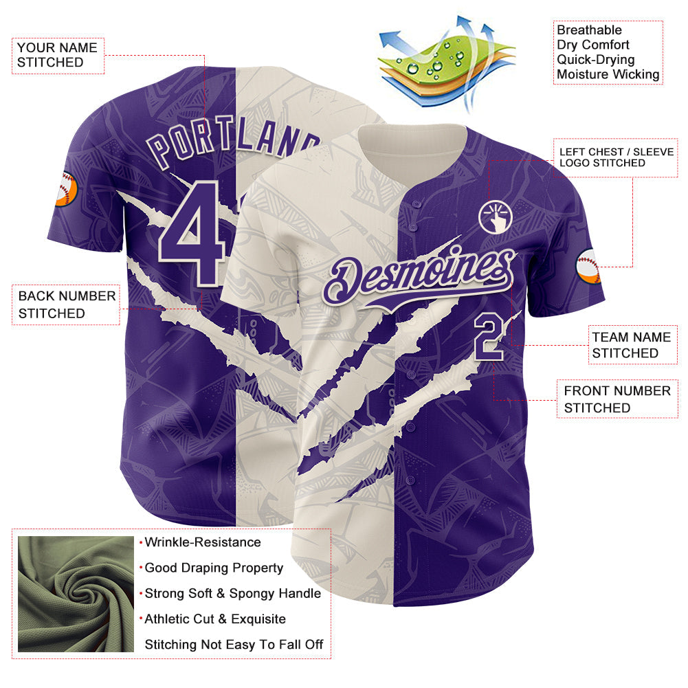 Custom Graffiti Pattern Purple-Cream 3D Scratch Authentic Baseball Jersey view 3
