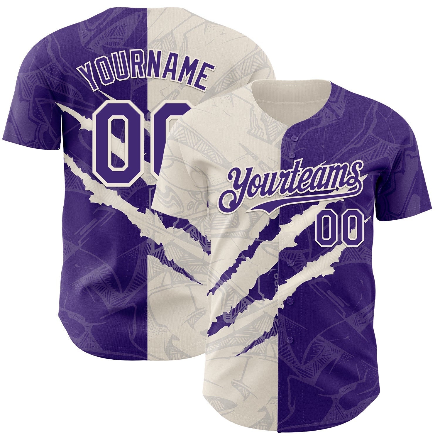 Custom Graffiti Pattern Purple-Cream 3D Scratch Authentic Baseball Jersey - Main View