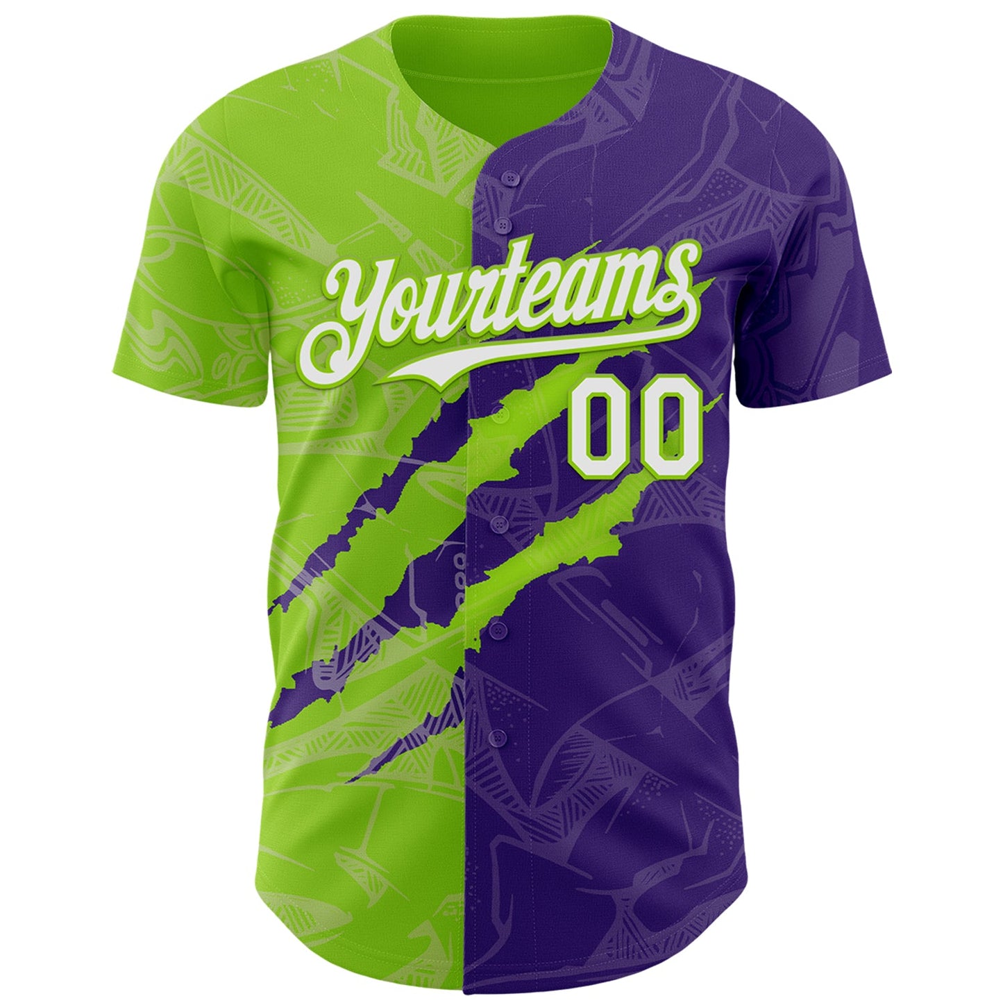 Custom Graffiti Pattern White Purple-Neon Green 3D Scratch Authentic Baseball Jersey view 2