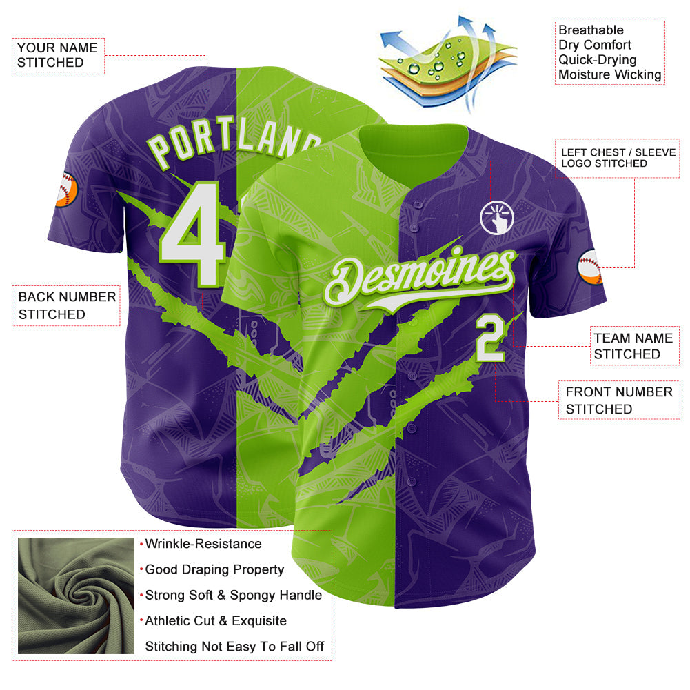 Custom Graffiti Pattern White Purple-Neon Green 3D Scratch Authentic Baseball Jersey view 3