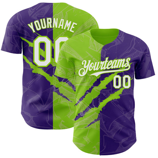 Custom Graffiti Pattern White Purple-Neon Green 3D Scratch Authentic Baseball Jersey - Main View