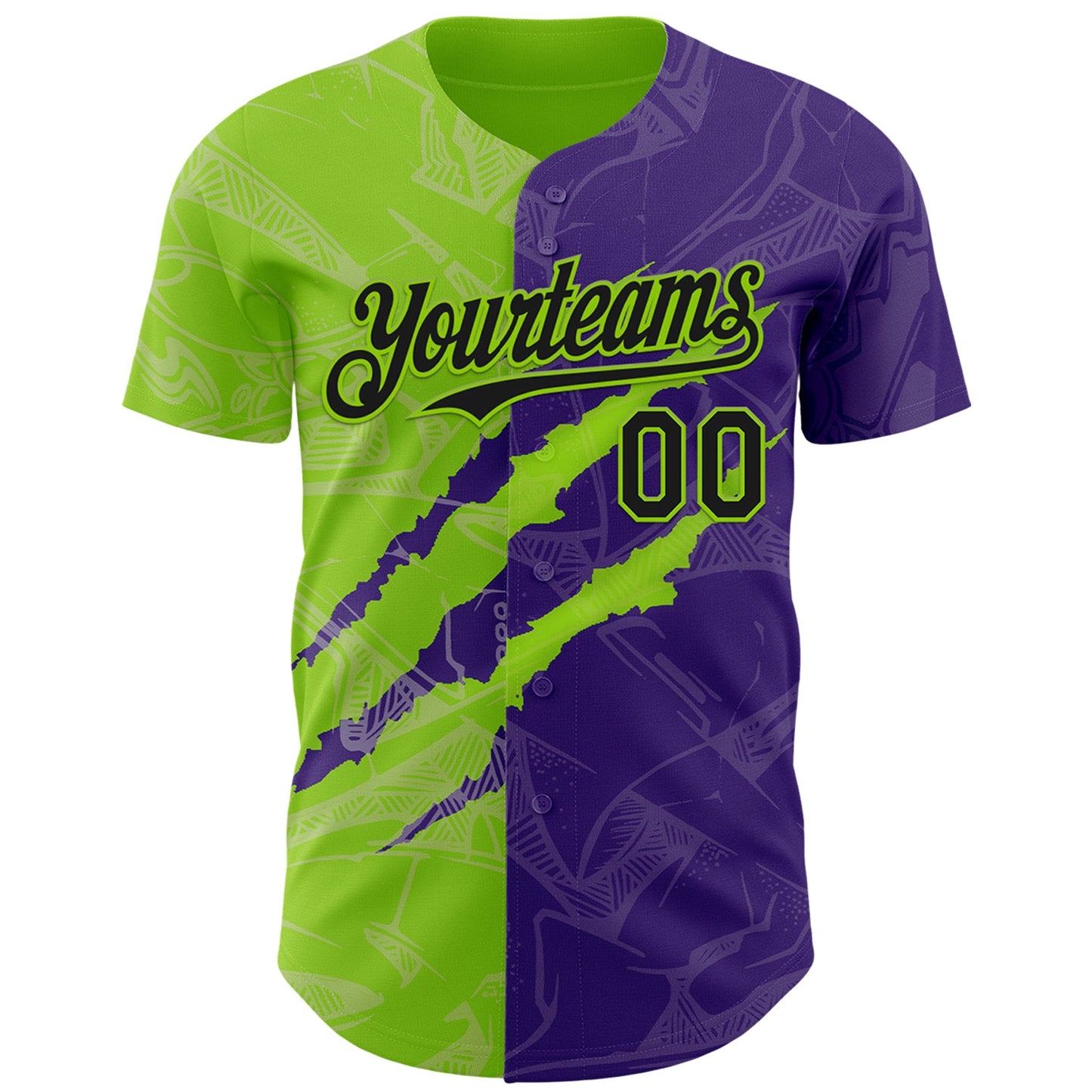 Custom Graffiti Pattern Black Purple-Neon Green 3D Scratch Authentic Baseball Jersey view 2