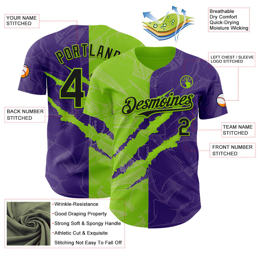 Custom Graffiti Pattern Black Purple-Neon Green 3D Scratch Authentic Baseball Jersey view 3