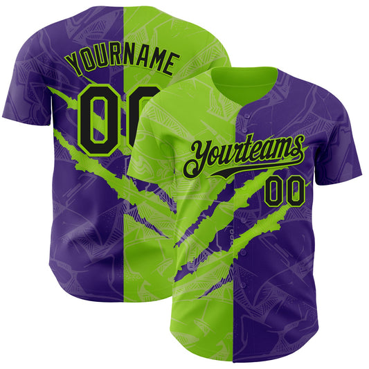 Custom Graffiti Pattern Black Purple-Neon Green 3D Scratch Authentic Baseball Jersey - Main View