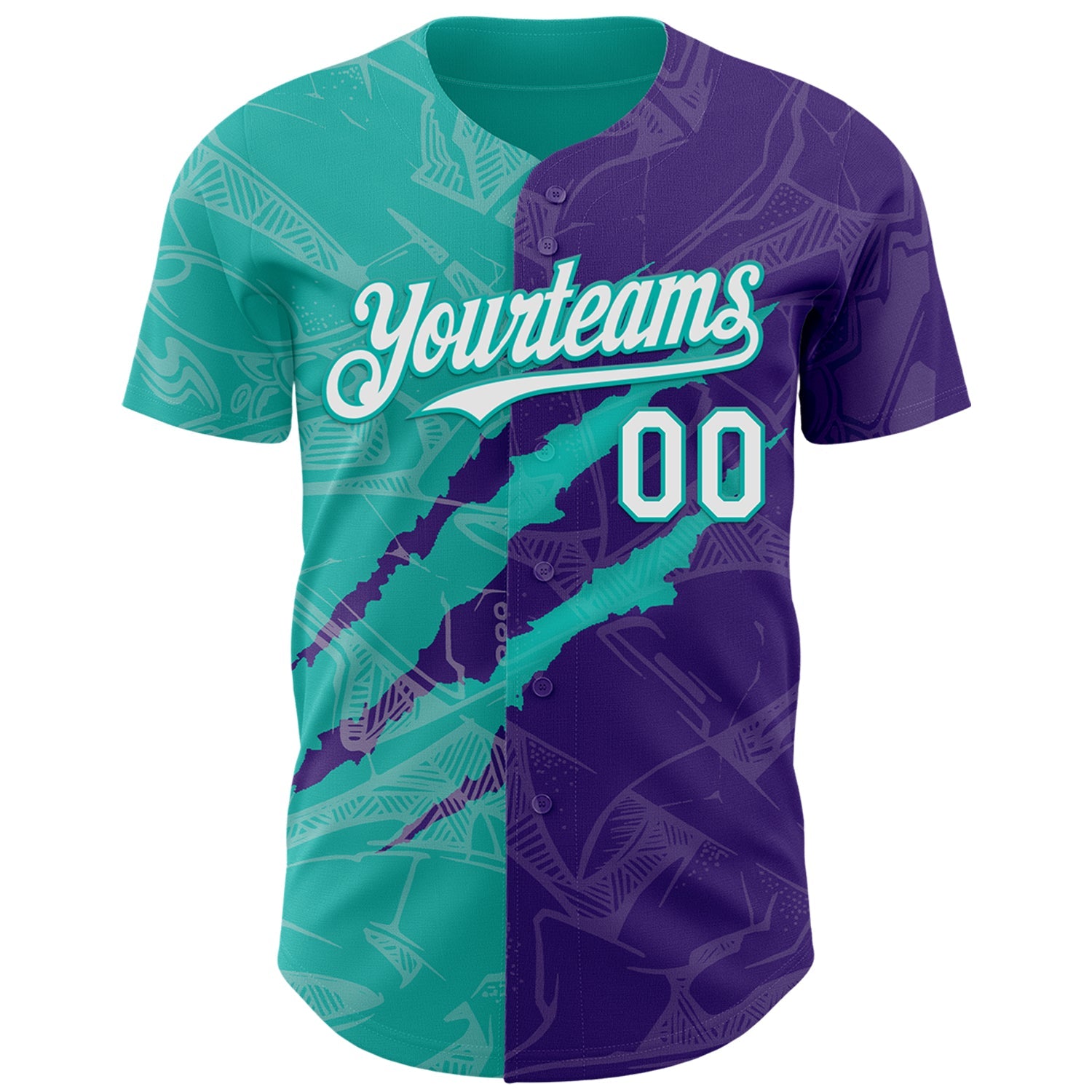 Custom Graffiti Pattern White Purple-Aqua 3D Scratch Authentic Baseball Jersey view 2