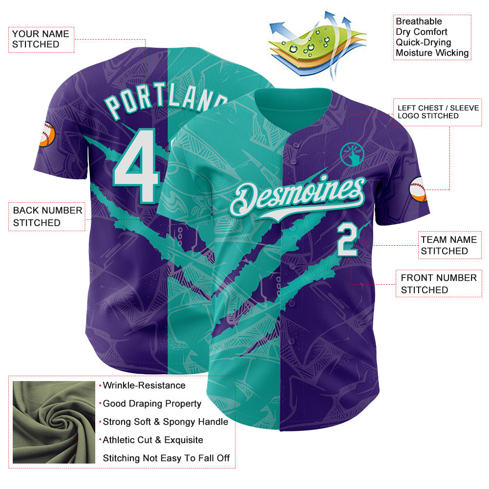 Custom Graffiti Pattern White Purple-Aqua 3D Scratch Authentic Baseball Jersey view 3