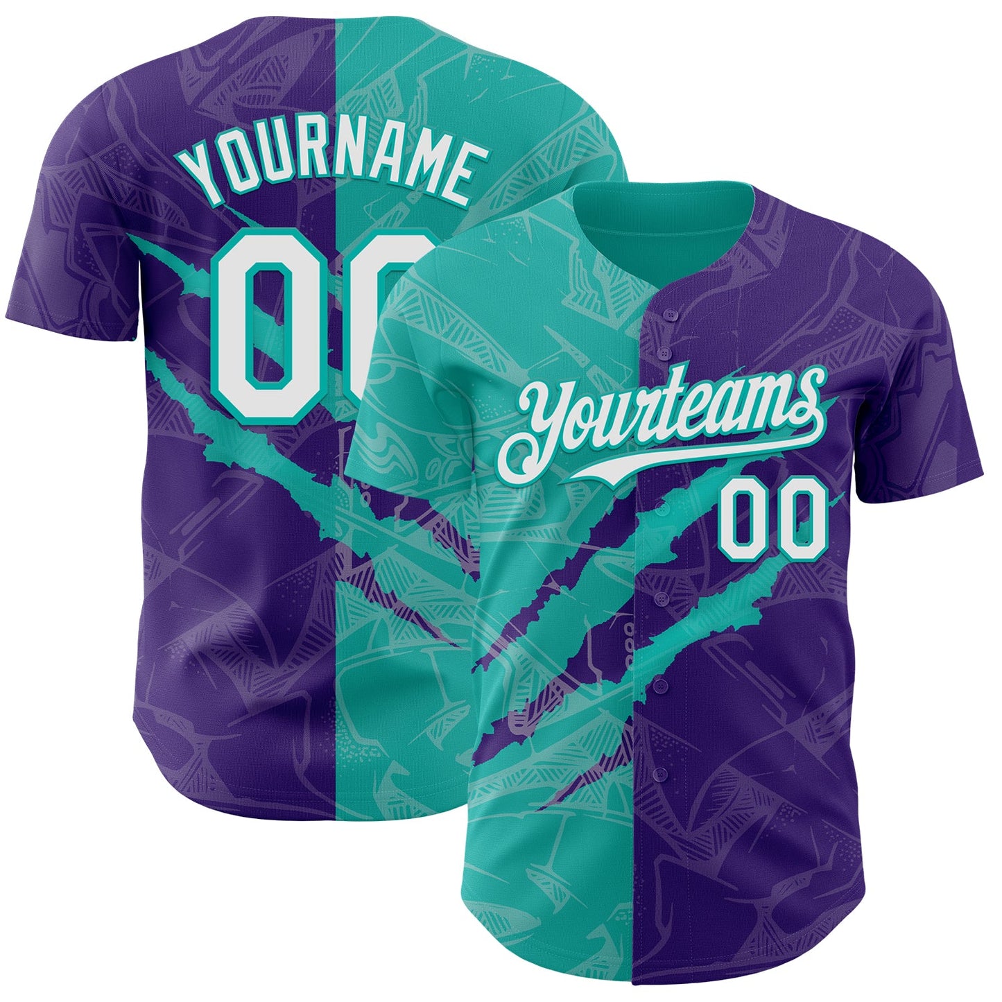 Custom Graffiti Pattern White Purple-Aqua 3D Scratch Authentic Baseball Jersey - Main View