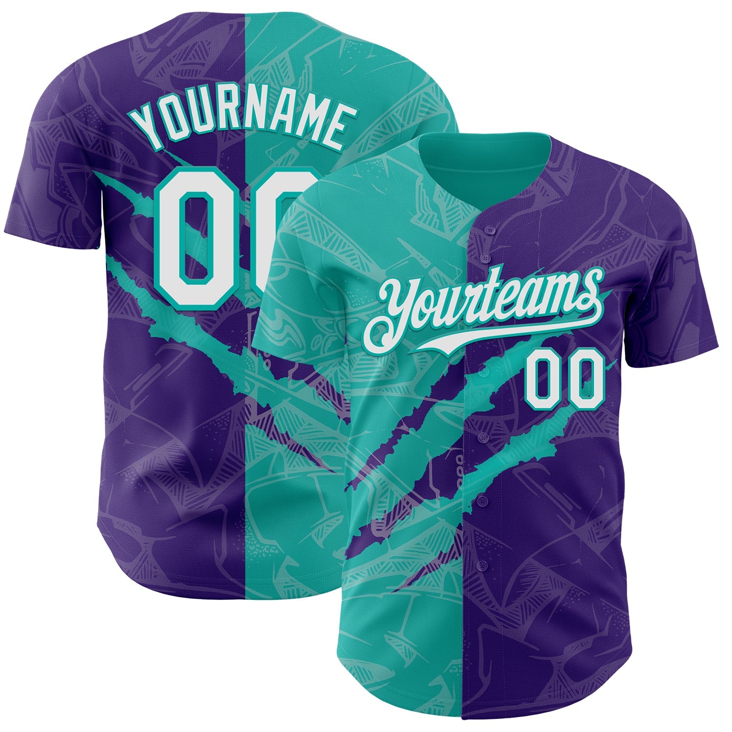 Custom Graffiti Pattern White Purple-Aqua 3D Scratch Authentic Baseball Jersey - Main View