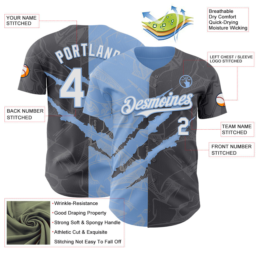 Custom Graffiti Pattern White Steel Gray-Light Blue 3D Scratch Authentic Baseball Jersey view 3