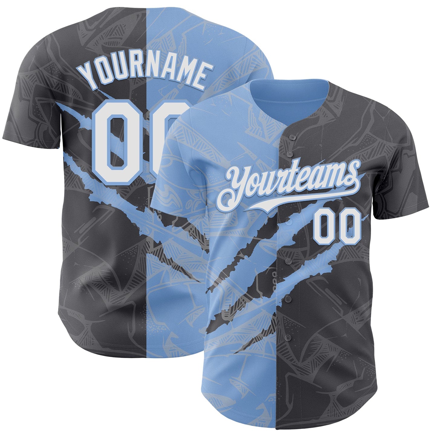 Custom Graffiti Pattern White Steel Gray-Light Blue 3D Scratch Authentic Baseball Jersey - Main View