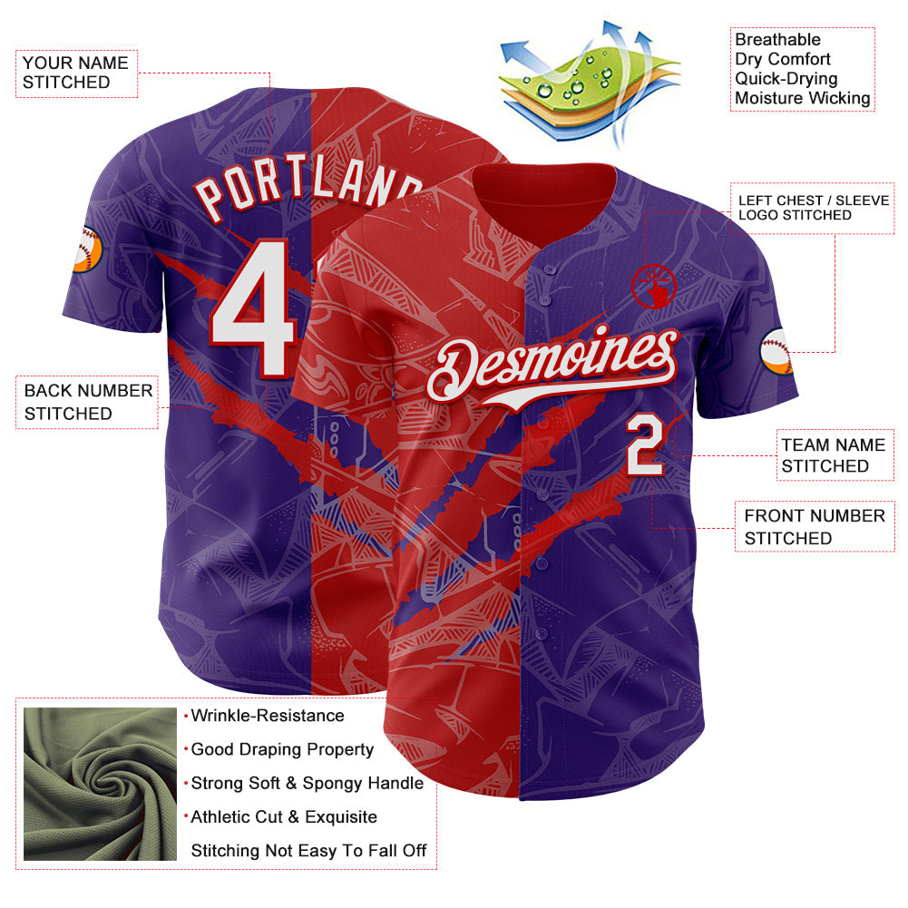 Custom Graffiti Pattern White Purple-Red 3D Scratch Authentic Baseball Jersey view 3
