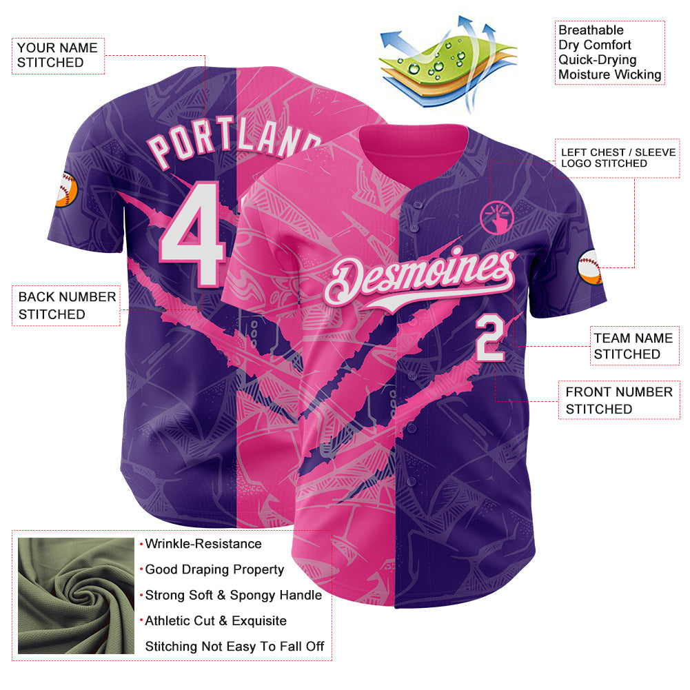 Custom Graffiti Pattern White Purple-Pink 3D Scratch Authentic Baseball Jersey view 3
