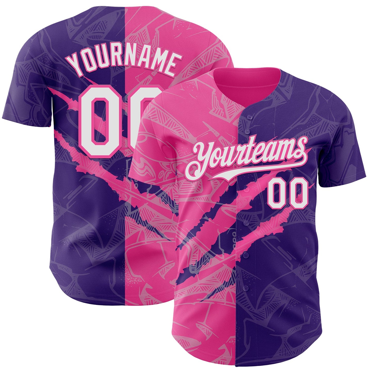 Custom Graffiti Pattern White Purple-Pink 3D Scratch Authentic Baseball Jersey - Main View