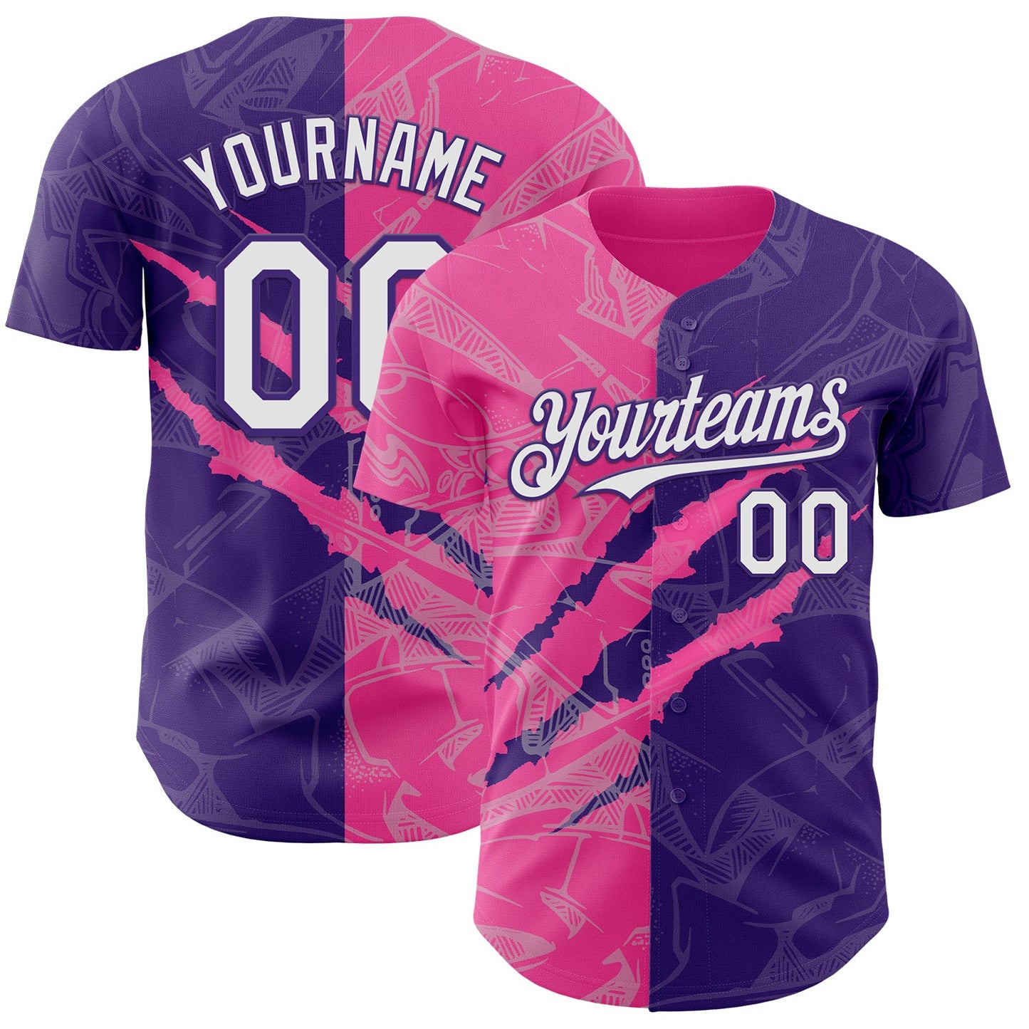 Custom Graffiti Pattern White Purple-Pink 3D Scratch Authentic Baseball Jersey - Main View