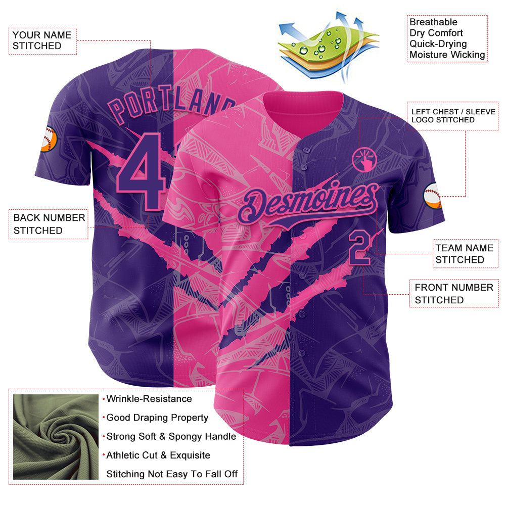 Custom Graffiti Pattern Purple-Pink 3D Scratch Authentic Baseball Jersey view 3
