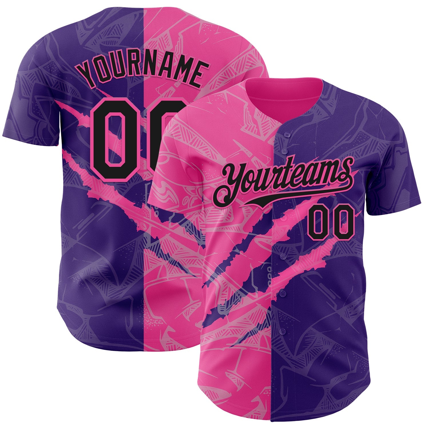 Custom Graffiti Pattern Black Purple-Pink 3D Scratch Authentic Baseball Jersey - Main View